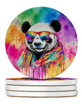 Hippie Animal Panda Large Sandstone Coasters Pack of 4 Absorbent Round Coasters Decor Gifts for Men or Women, 4 in, Multicolor
