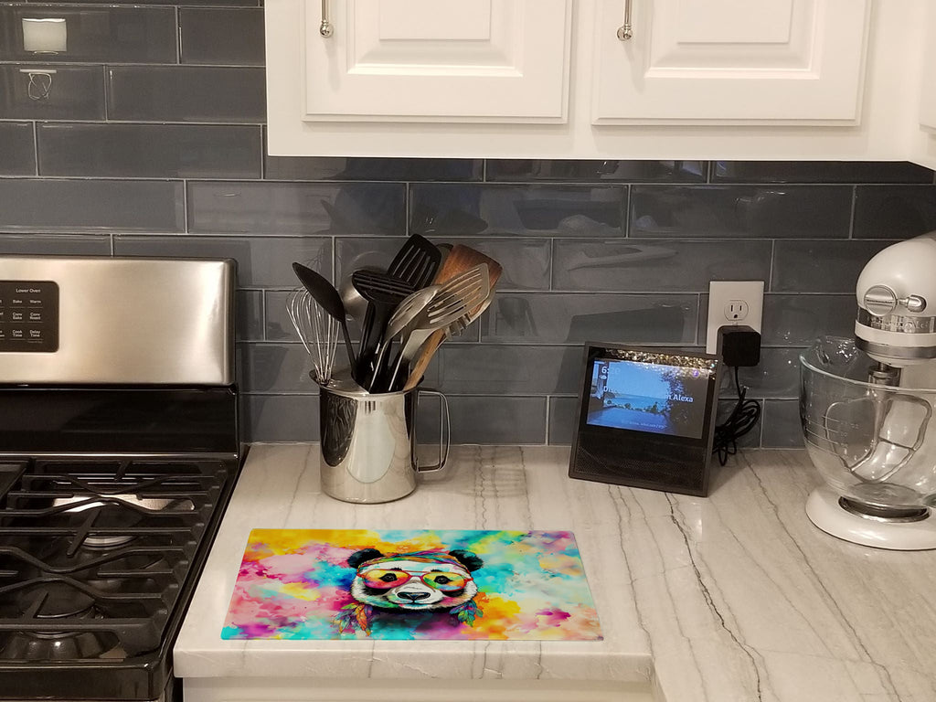 Hippie Animal Panda Cutting Board Tempered Glass Kitchen Cutting Surface, Heat Resistant Chopping, Non-Slip Feet, Food Prep & Serving