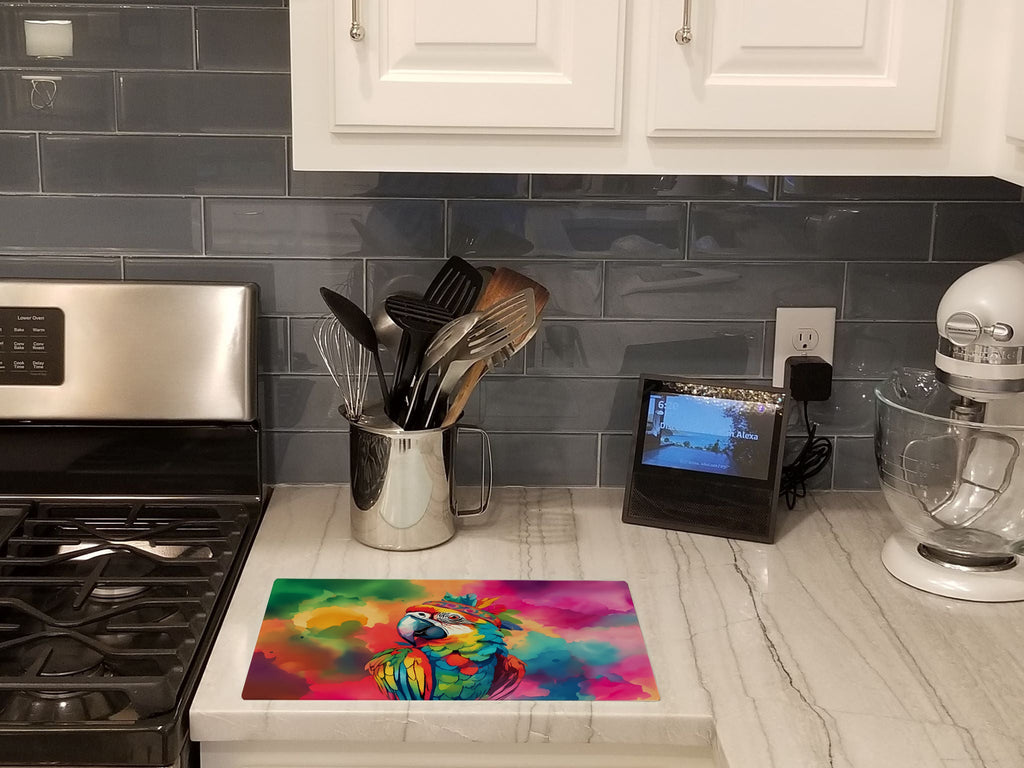 Hippie Animal Parrot Cutting Board Tempered Glass Kitchen Cutting Surface, Heat Resistant Chopping, Non-Slip Feet, Food Prep & Serving