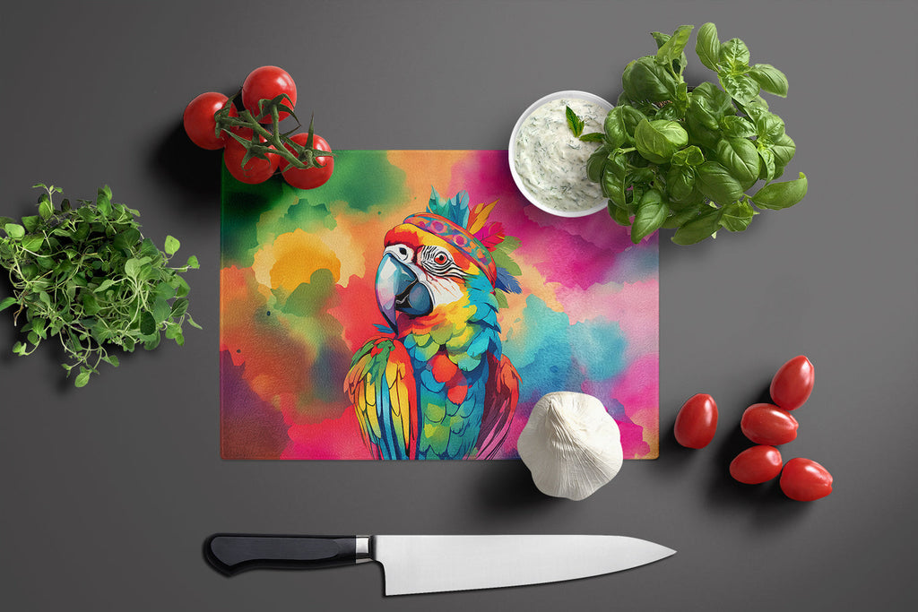 Hippie Animal Parrot Cutting Board Tempered Glass Kitchen Cutting Surface, Heat Resistant Chopping, Non-Slip Feet, Food Prep & Serving