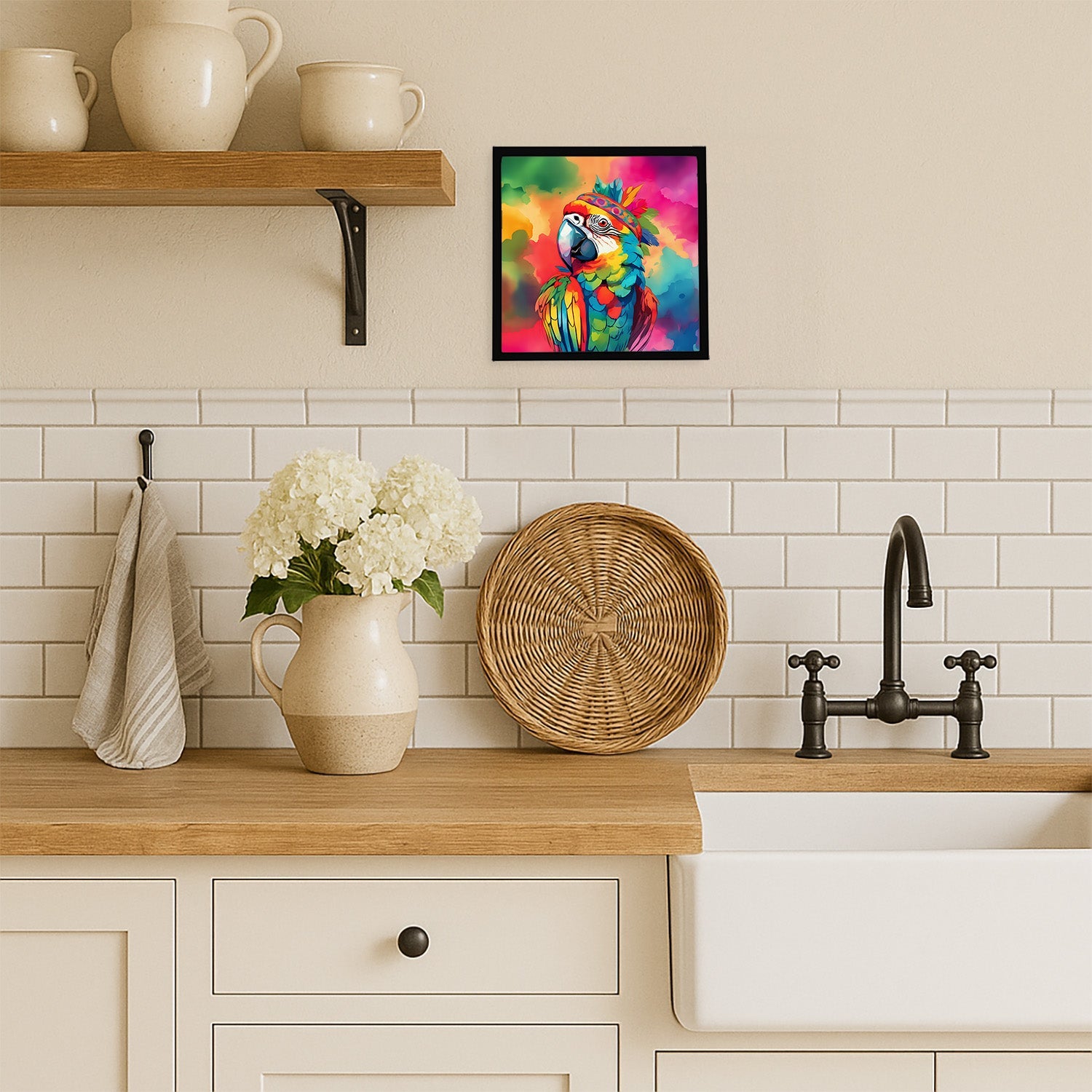 Hippie Animal Parrot Framed Metal Print Bathroom, Kitchen, Office, Home Decor Wall Art Ready to Hang, Square, 8X8