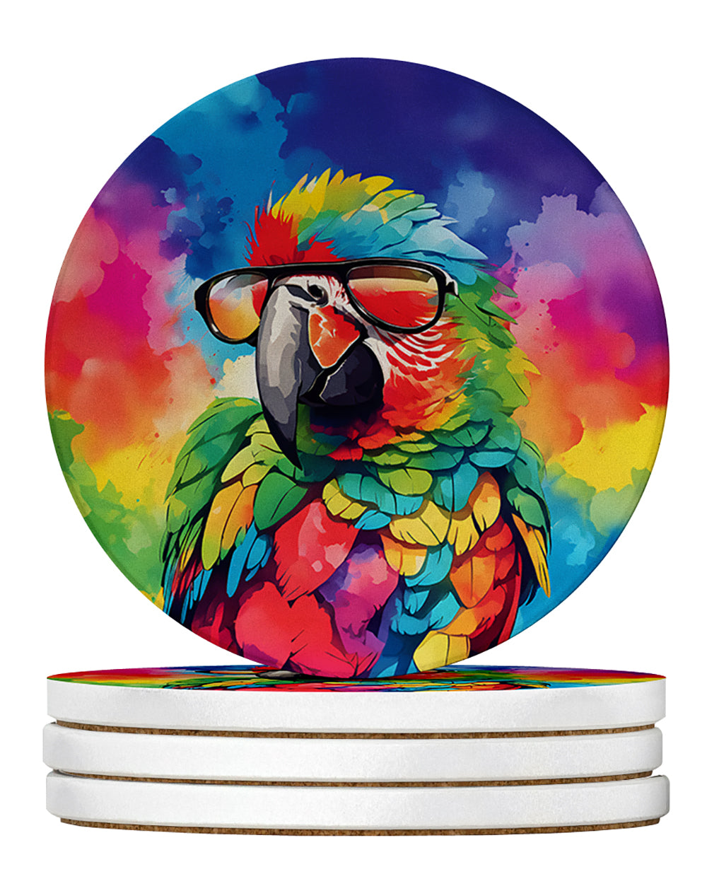Hippie Animal Parrot Large Sandstone Coasters Pack of 4 Absorbent Round Coasters Decor Gifts for Men or Women, 4 in, Multicolor
