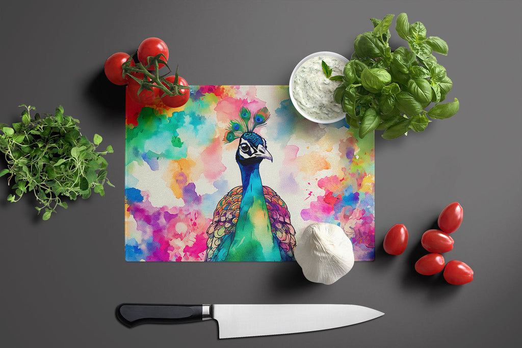 Hippie Animal Peacock Cutting Board Tempered Glass Kitchen Cutting Surface, Heat Resistant Chopping, Non-Slip Feet, Food Prep & Serving