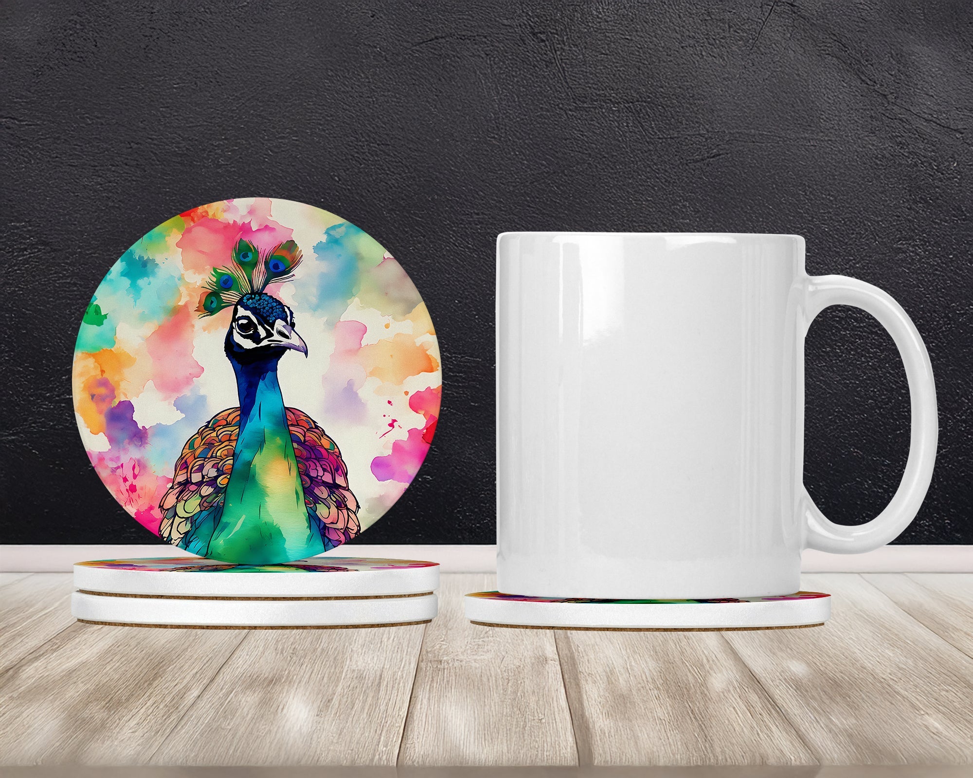 Hippie Animal Peacock Large Sandstone Coasters Pack of 4 Absorbent Round Coasters Decor Gifts for Men or Women, 4 in, Multicolor