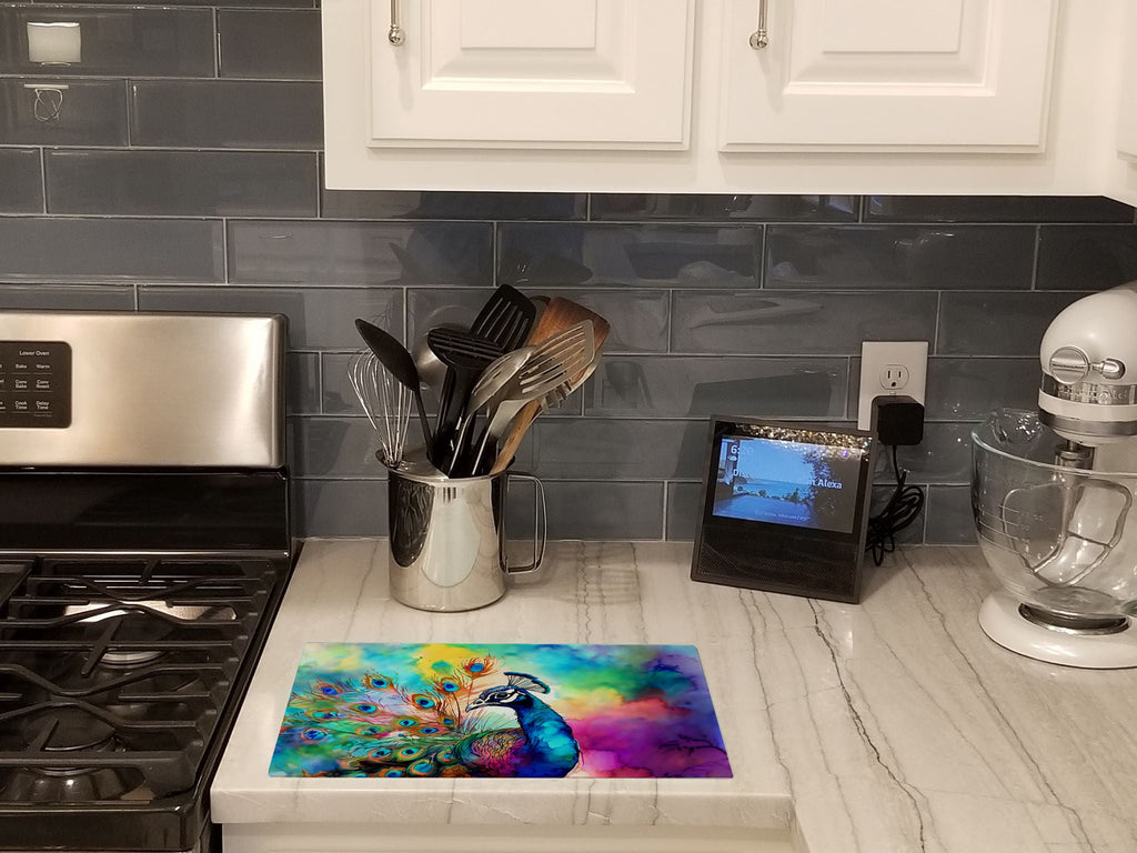 Hippie Animal Peacock Cutting Board Tempered Glass Kitchen Cutting Surface, Heat Resistant Chopping, Non-Slip Feet, Food Prep & Serving