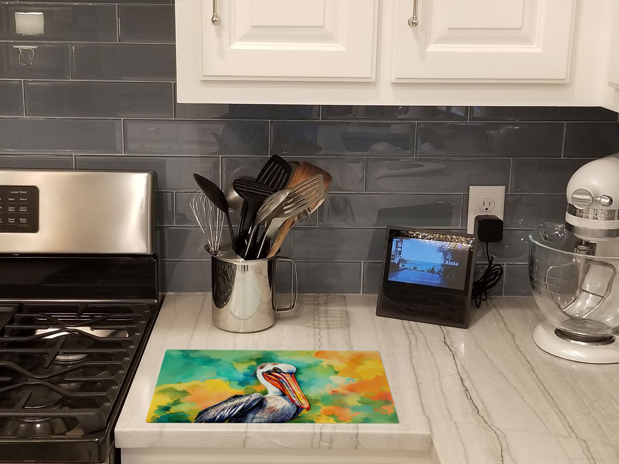 Hippie Animal Pelican Cutting Board Tempered Glass Kitchen Cutting Surface, Heat Resistant Chopping, Non-Slip Feet, Food Prep & Serving