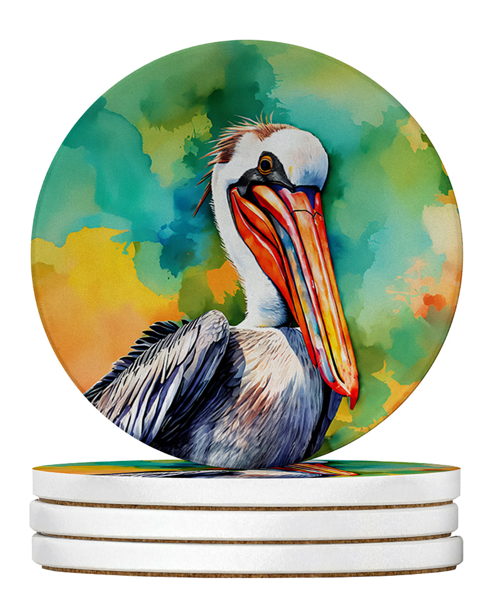 Hippie Animal Pelican Large Sandstone Coasters Pack of 4 Absorbent Round Coasters Decor Gifts for Men or Women, 4 in, Multicolor