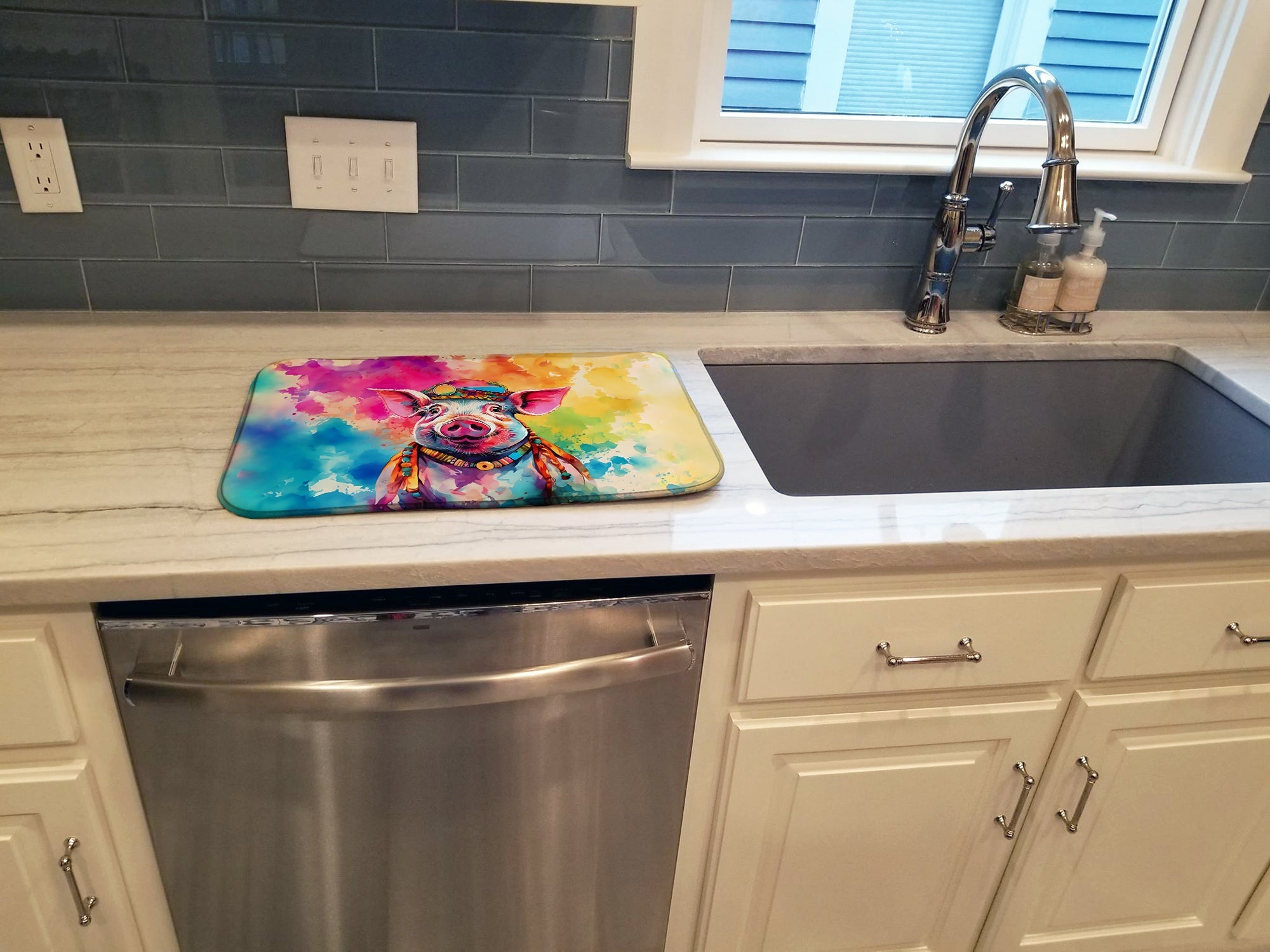 Hippie Animal Pig Dish Drying Mat Absorbent Dish Drying Mat Pad for Kitchen Counter Dish Drainer Mat for Countertop, 14 x 21", Multicolor