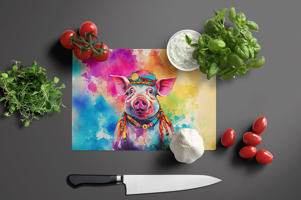 Hippie Animal Pig Cutting Board Tempered Glass Kitchen Cutting Surface, Heat Resistant Chopping, Non-Slip Feet, Food Prep & Serving