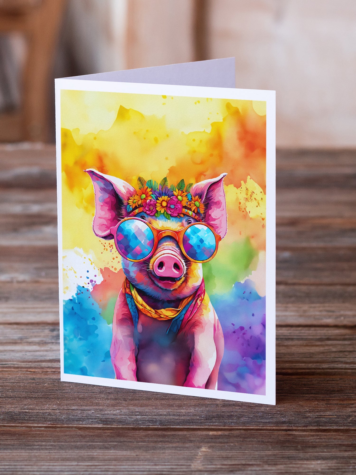 Hippie Animal Pig Greeting Cards Pack of 8 Blank Cards with Envelopes Whimsical A7 Size 5x7