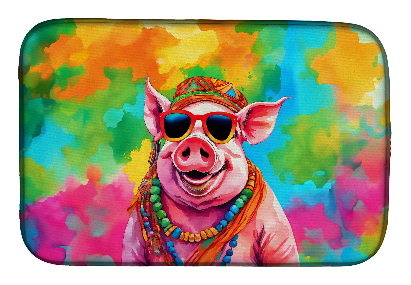 Hippie Animal Pig Dish Drying Mat Absorbent Dish Drying Mat Pad for Kitchen Counter Dish Drainer Mat for Countertop, 14 x 21", Multicolor