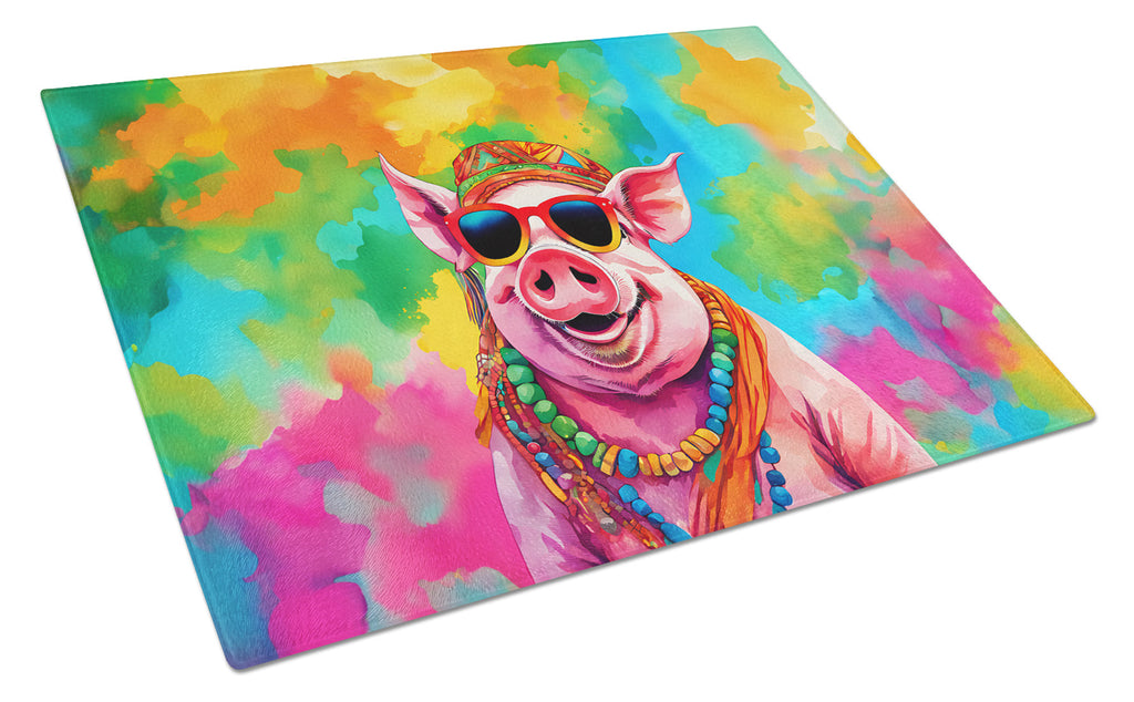 Hippie Animal Pig Cutting Board Tempered Glass Kitchen Cutting Surface, Heat Resistant Chopping, Non-Slip Feet, Food Prep & Serving