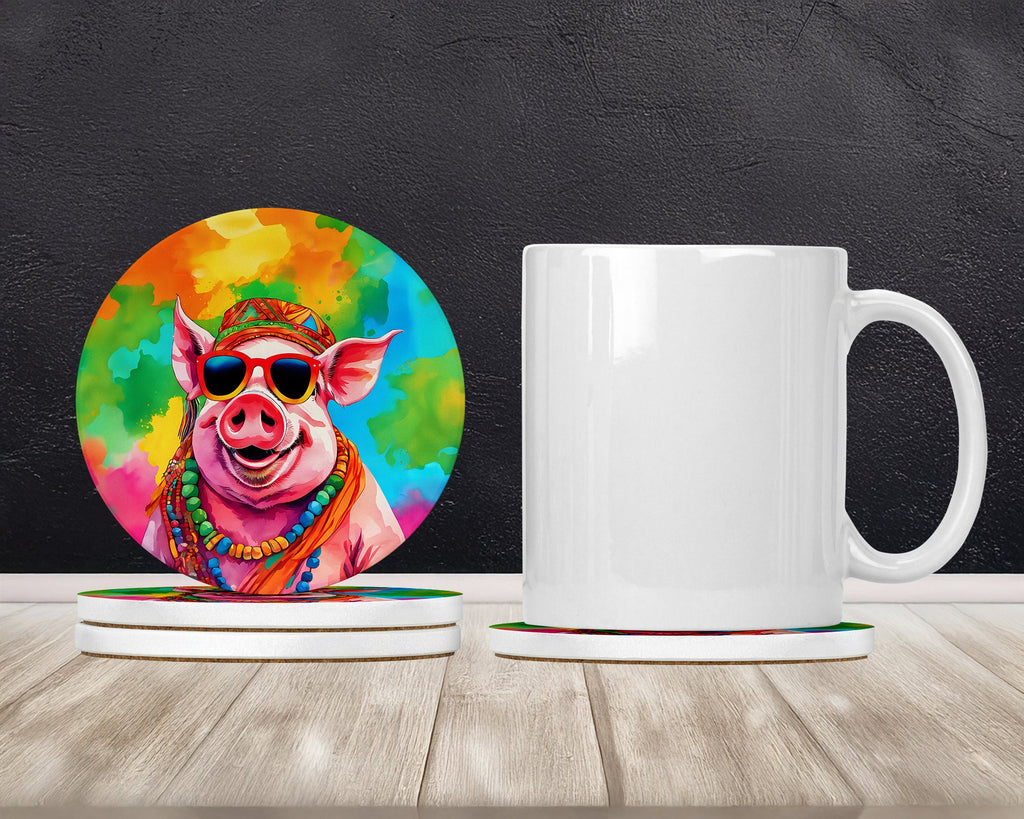 Hippie Animal Pig Large Sandstone Coasters Pack of 4 Absorbent Round Coasters Decor Gifts for Men or Women, 4 in, Multicolor