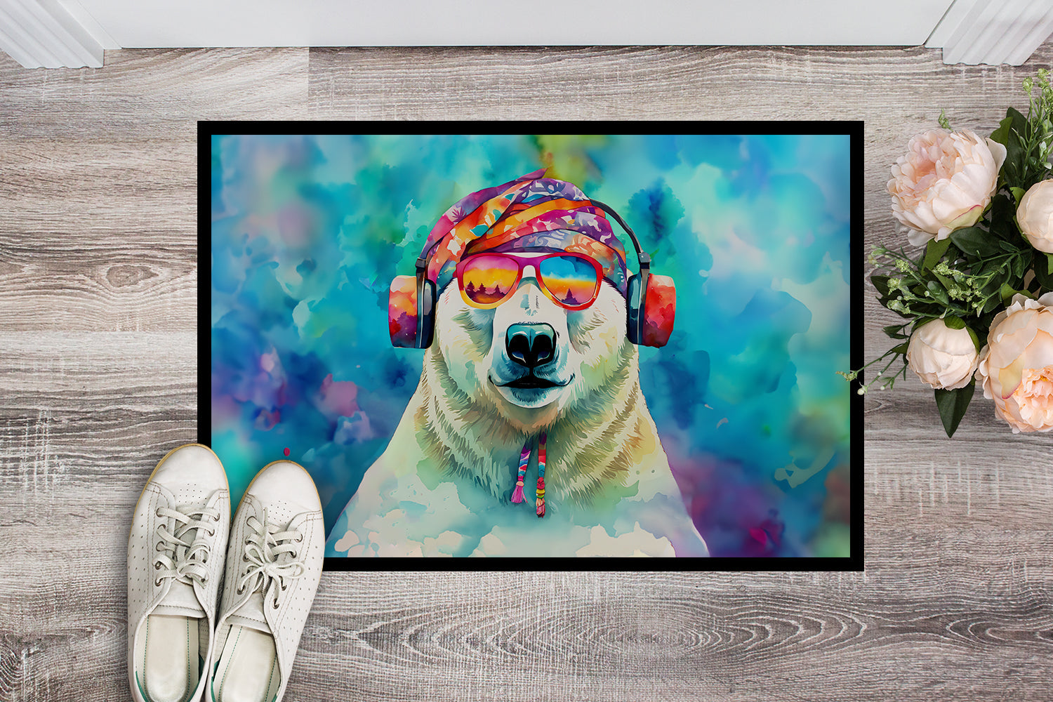 Hippie Animal Polar Bear Doormat Indoor Outdoor 24H X 36W Front Door Mat Rugs for Entryway, Non Slip Washable Low Pile,