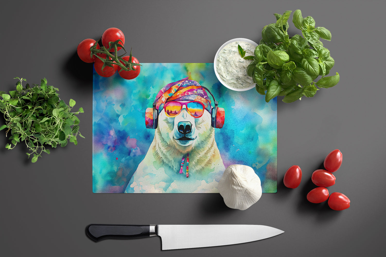 Hippie Animal Polar Bear Cutting Board Tempered Glass Kitchen Cutting Surface, Heat Resistant Chopping, Non-Slip Feet, Food Prep & Serving
