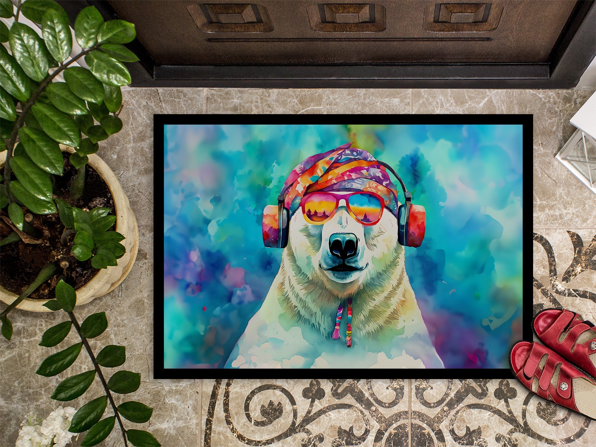 Hippie Animal Polar Bear Doormat Indoor Outdoor 18H X 27W Front Door Mat Rugs for Entryway, Non Slip Washable