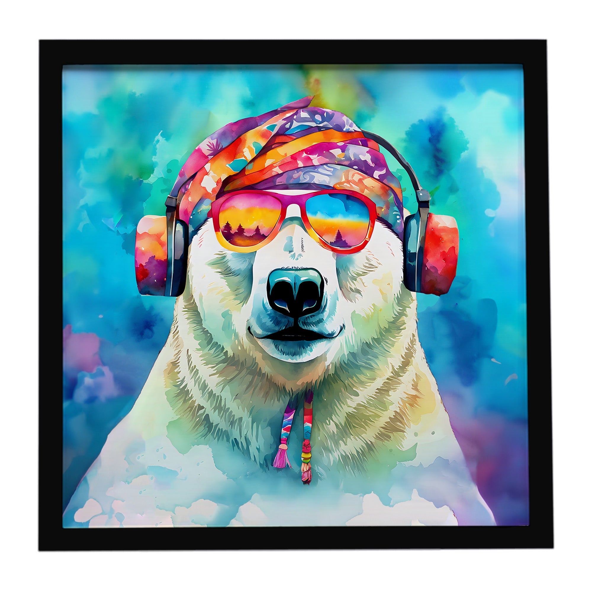 Hippie Animal Polar Bear Framed Metal Print Bathroom, Kitchen, Office, Home Decor Wall Art Ready to Hang, Square, 8X8