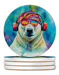 Hippie Animal Polar Bear Large Sandstone Coasters Pack of 4 Absorbent Round Coasters Decor Gifts for Men or Women, 4 in, Multicolor