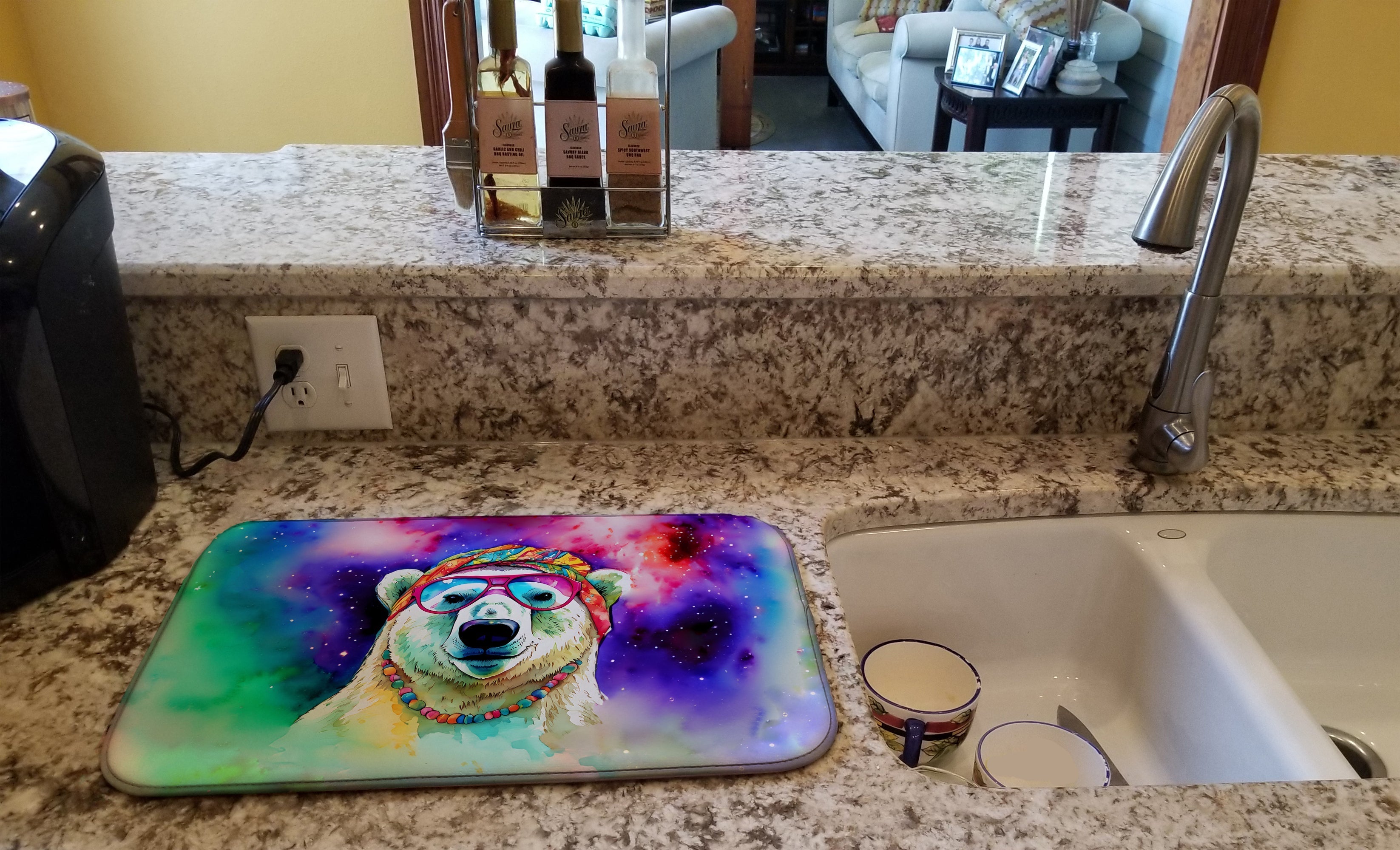 Hippie Animal Polar Bear Dish Drying Mat Absorbent Dish Drying Mat Pad for Kitchen Counter Dish Drainer Mat for Countertop, 14 x 21", Multicolor