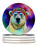 Hippie Animal Polar Bear Large Sandstone Coasters Pack of 4 Absorbent Round Coasters Decor Gifts for Men or Women, 4 in, Multicolor