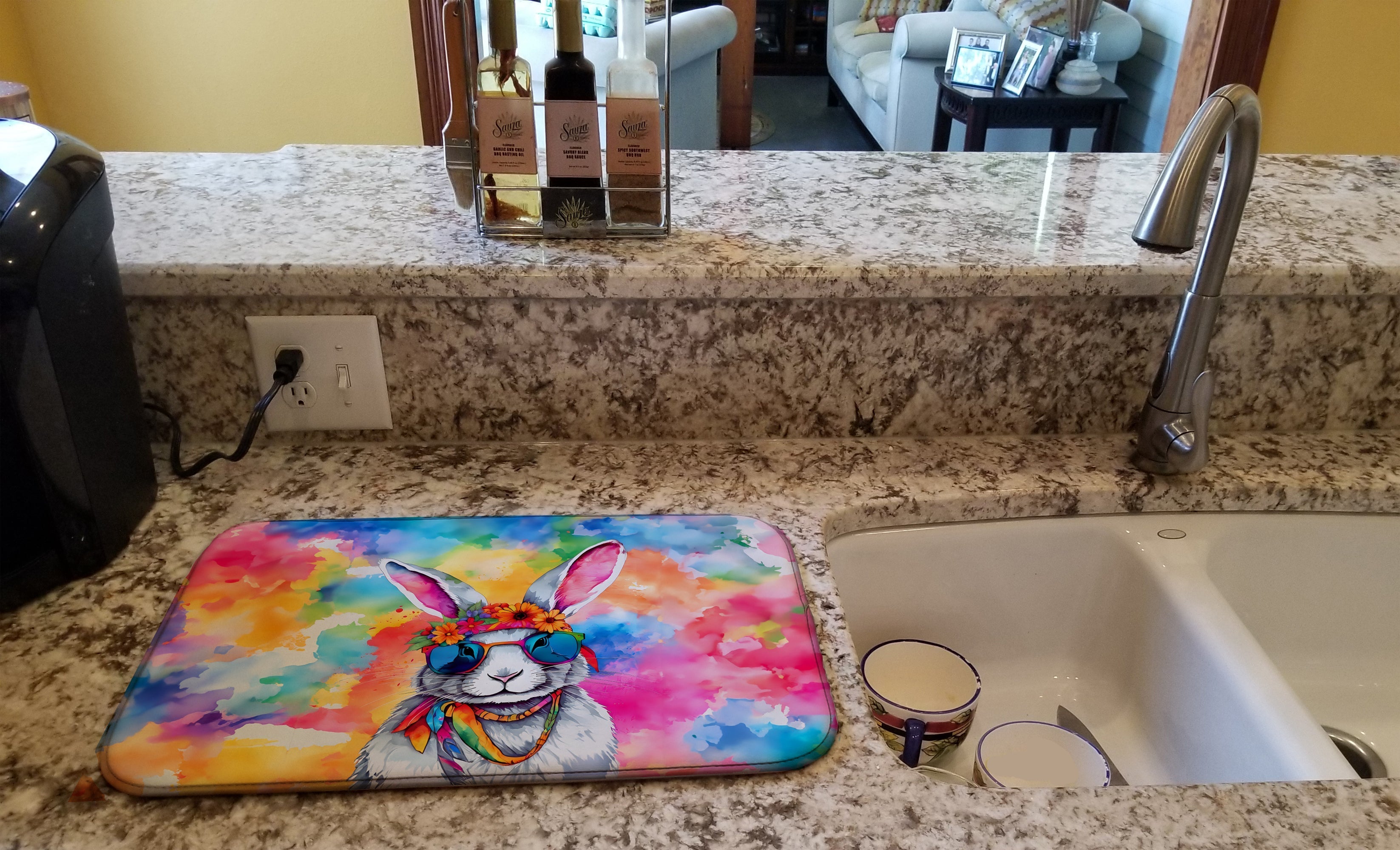 Hippie Animal Rabbit Dish Drying Mat Absorbent Dish Drying Mat Pad for Kitchen Counter Dish Drainer Mat for Countertop, 14 x 21", Multicolor
