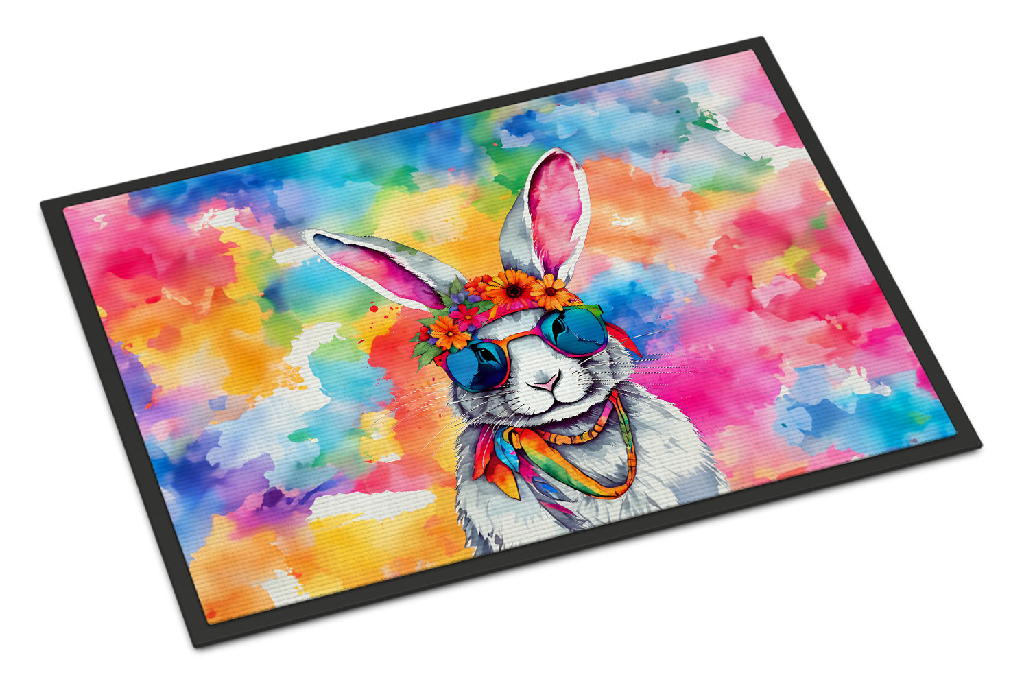 Hippie Animal Rabbit Doormat Indoor Outdoor 24H X 36W Front Door Mat Rugs for Entryway, Non Slip Washable Low Pile,