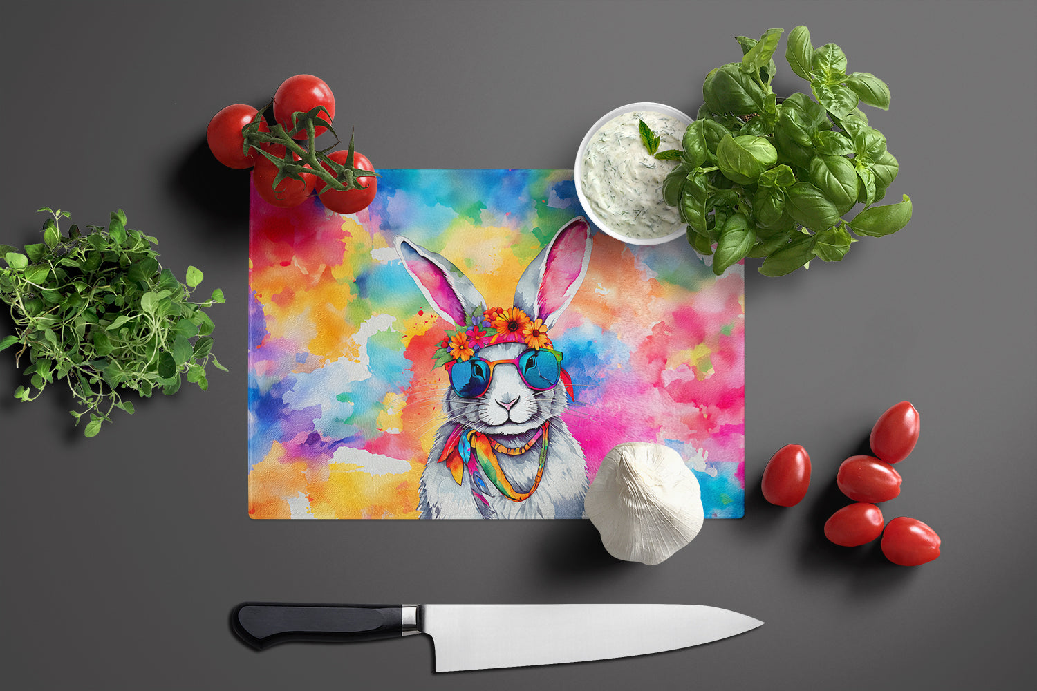 Hippie Animal Rabbit Cutting Board Tempered Glass Kitchen Cutting Surface, Heat Resistant Chopping, Non-Slip Feet, Food Prep & Serving