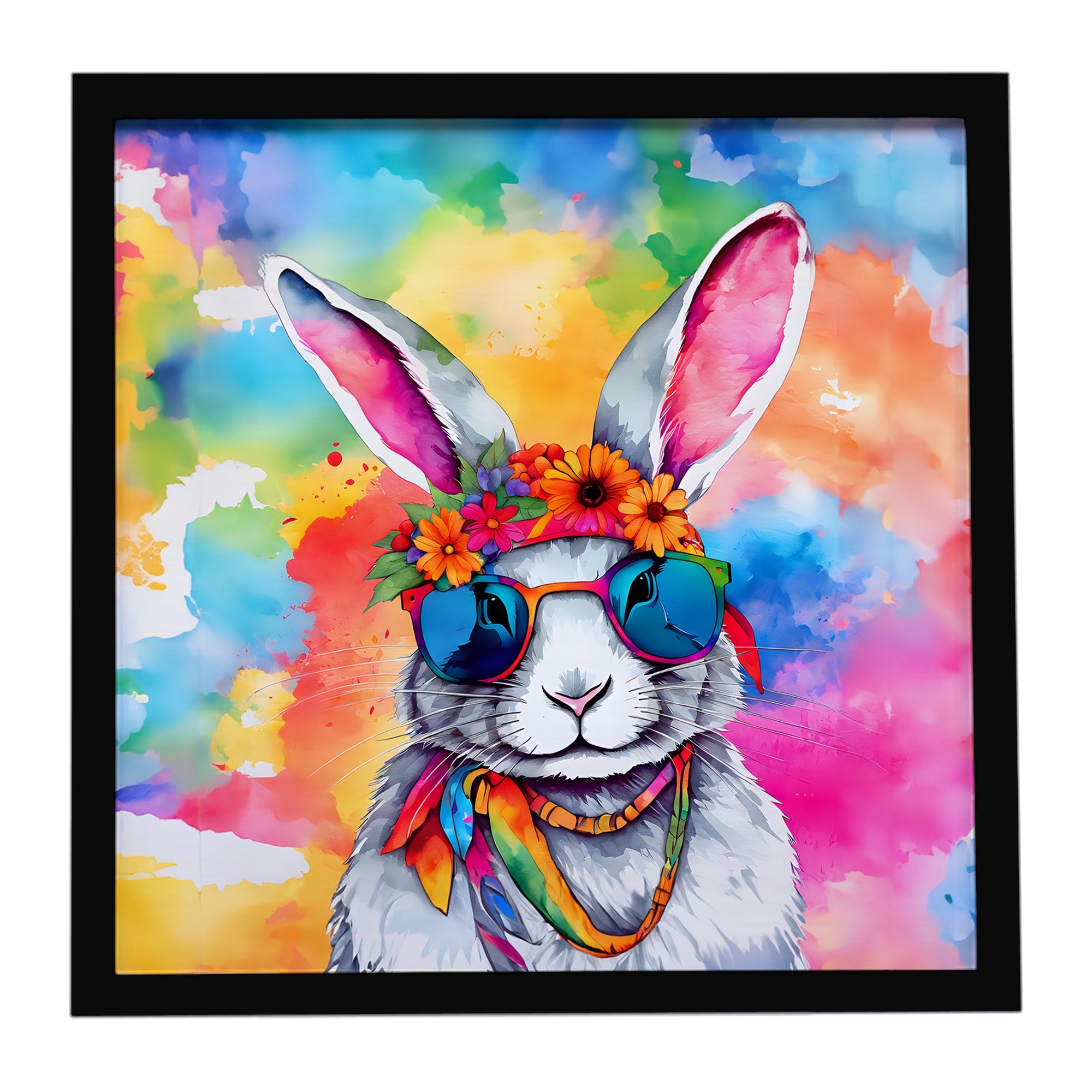 Hippie Animal Rabbit Framed Metal Print Bathroom, Kitchen, Office, Home Decor Wall Art Ready to Hang, Square, 8X8