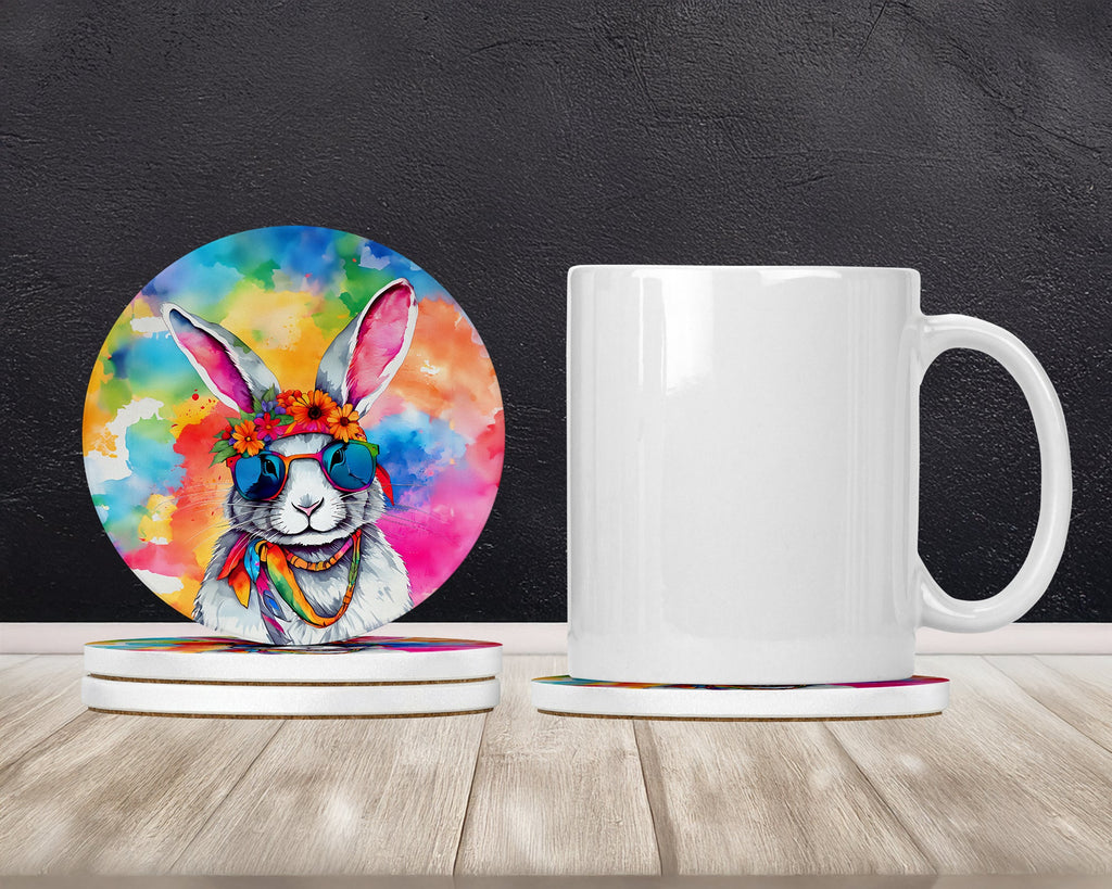Hippie Animal Rabbit Large Sandstone Coasters Pack of 4 Absorbent Round Coasters Decor Gifts for Men or Women, 4 in, Multicolor