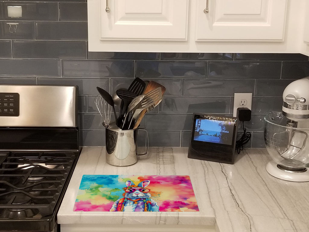Hippie Animal Rabbit Cutting Board Tempered Glass Kitchen Cutting Surface, Heat Resistant Chopping, Non-Slip Feet, Food Prep & Serving