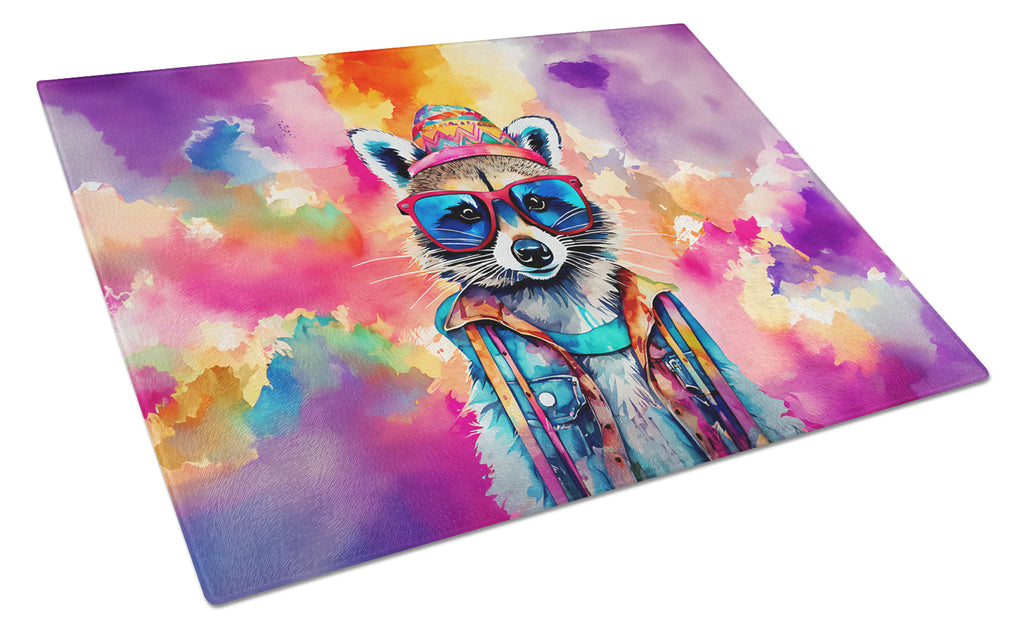 Hippie Animal Raccoon Cutting Board Tempered Glass Kitchen Cutting Surface, Heat Resistant Chopping, Non-Slip Feet, Food Prep & Serving