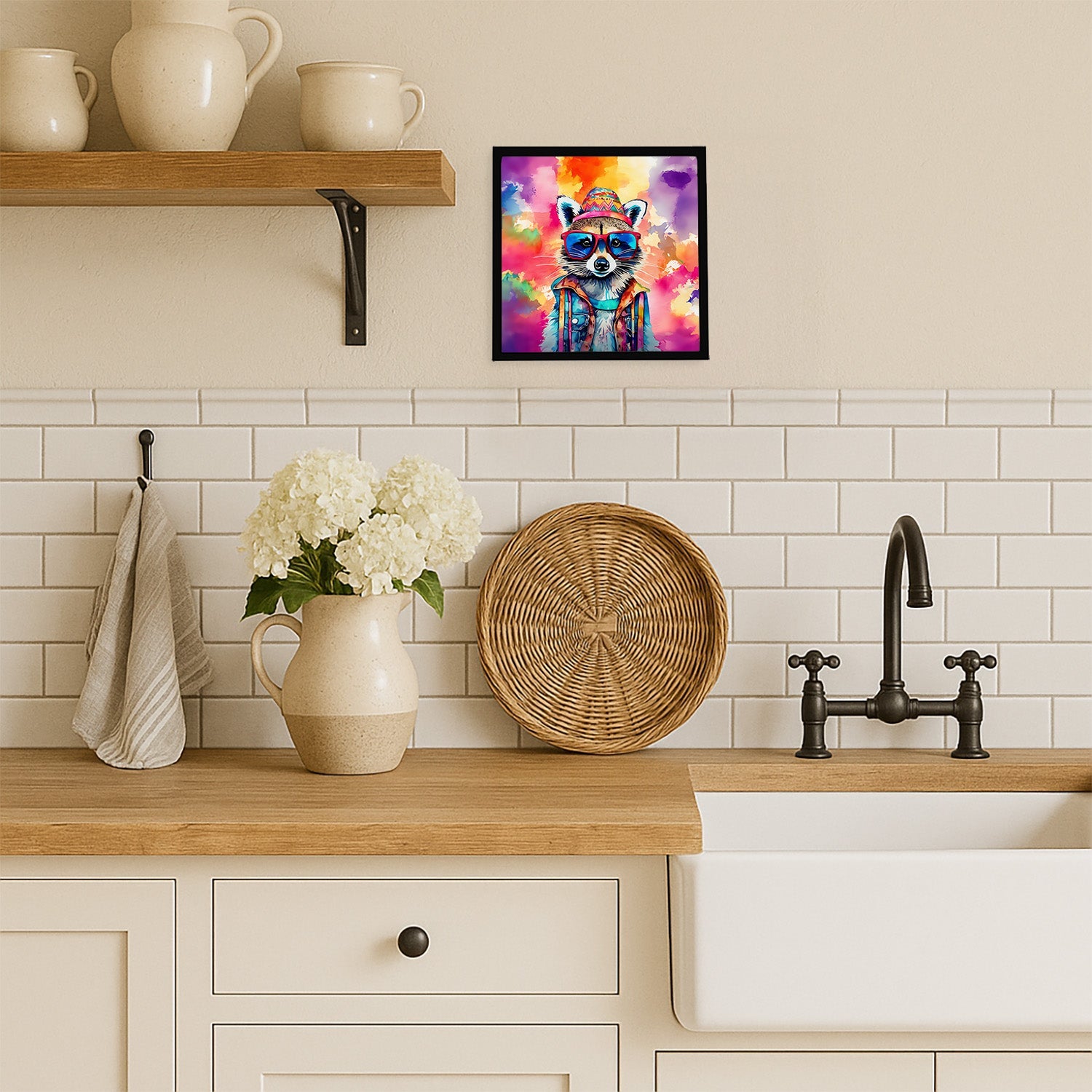 Hippie Animal Raccoon Framed Metal Print Bathroom, Kitchen, Office, Home Decor Wall Art Ready to Hang, Square, 8X8