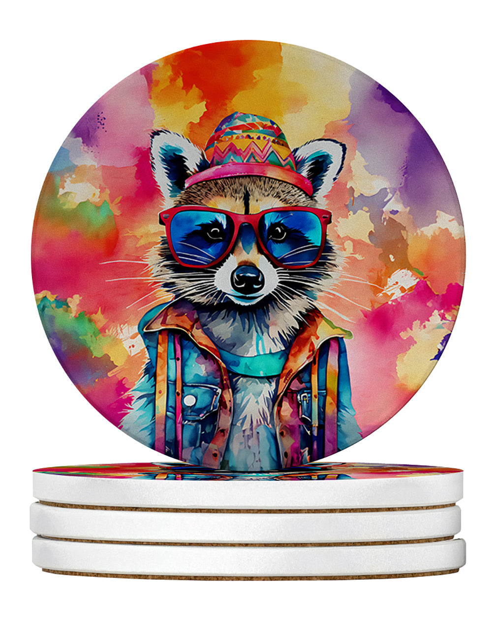 Hippie Animal Raccoon Large Sandstone Coasters Pack of 4 Absorbent Round Coasters Decor Gifts for Men or Women, 4 in, Multicolor