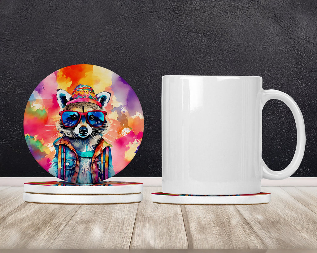 Hippie Animal Raccoon Large Sandstone Coasters Pack of 4 Absorbent Round Coasters Decor Gifts for Men or Women, 4 in, Multicolor