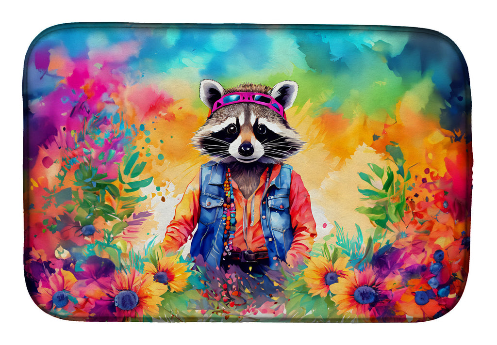 Hippie Animal Raccoon Dish Drying Mat Absorbent Dish Drying Mat Pad for Kitchen Counter Dish Drainer Mat for Countertop, 14 x 21", Multicolor