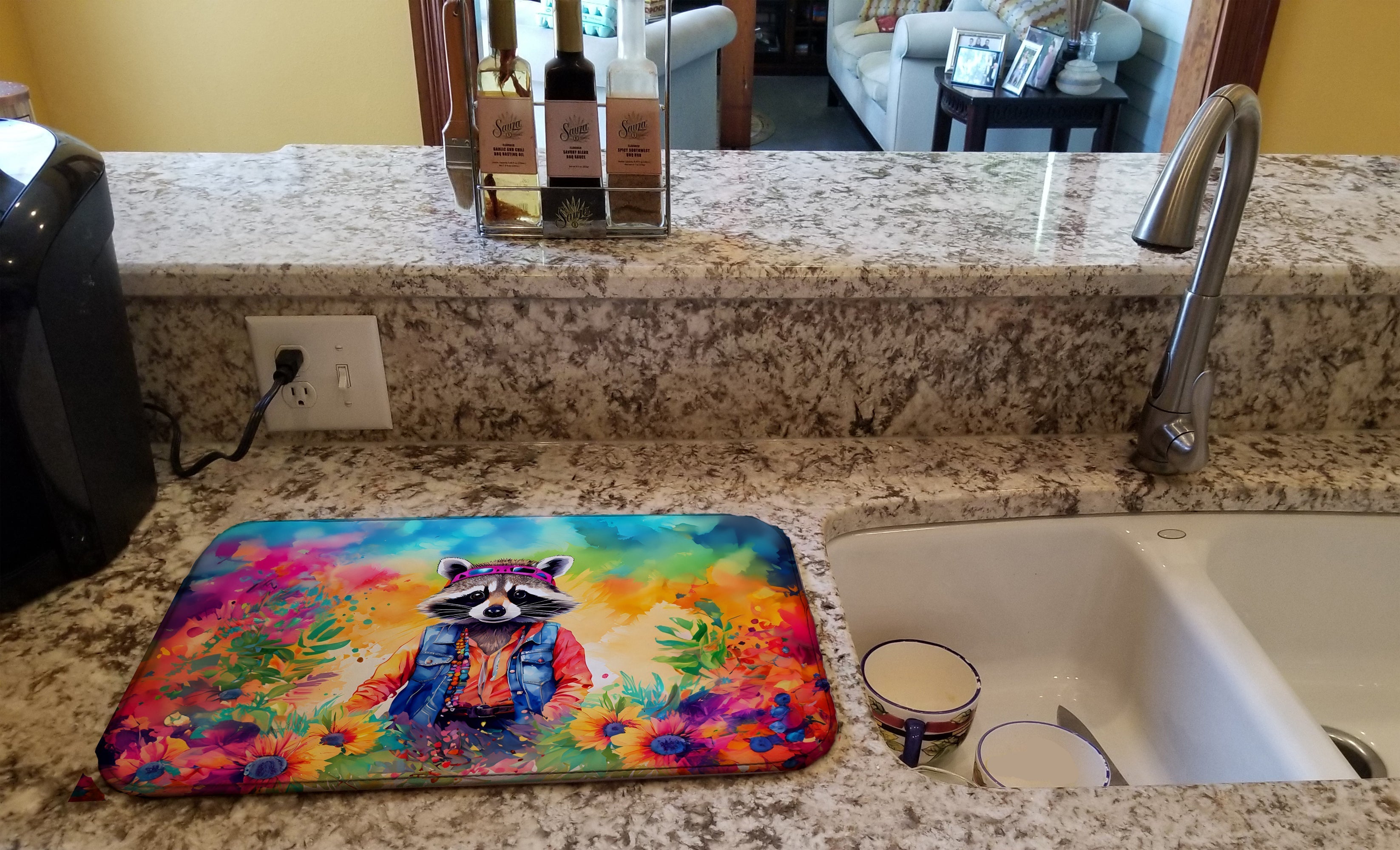 Hippie Animal Raccoon Dish Drying Mat Absorbent Dish Drying Mat Pad for Kitchen Counter Dish Drainer Mat for Countertop, 14 x 21", Multicolor