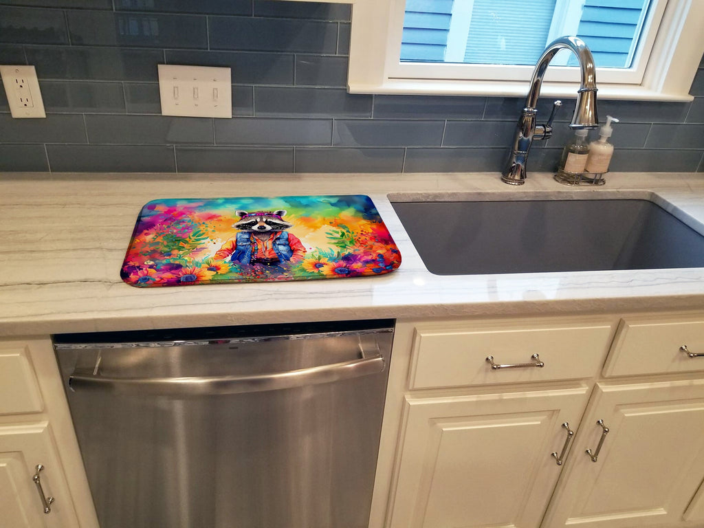 Hippie Animal Raccoon Dish Drying Mat Absorbent Dish Drying Mat Pad for Kitchen Counter Dish Drainer Mat for Countertop, 14 x 21", Multicolor