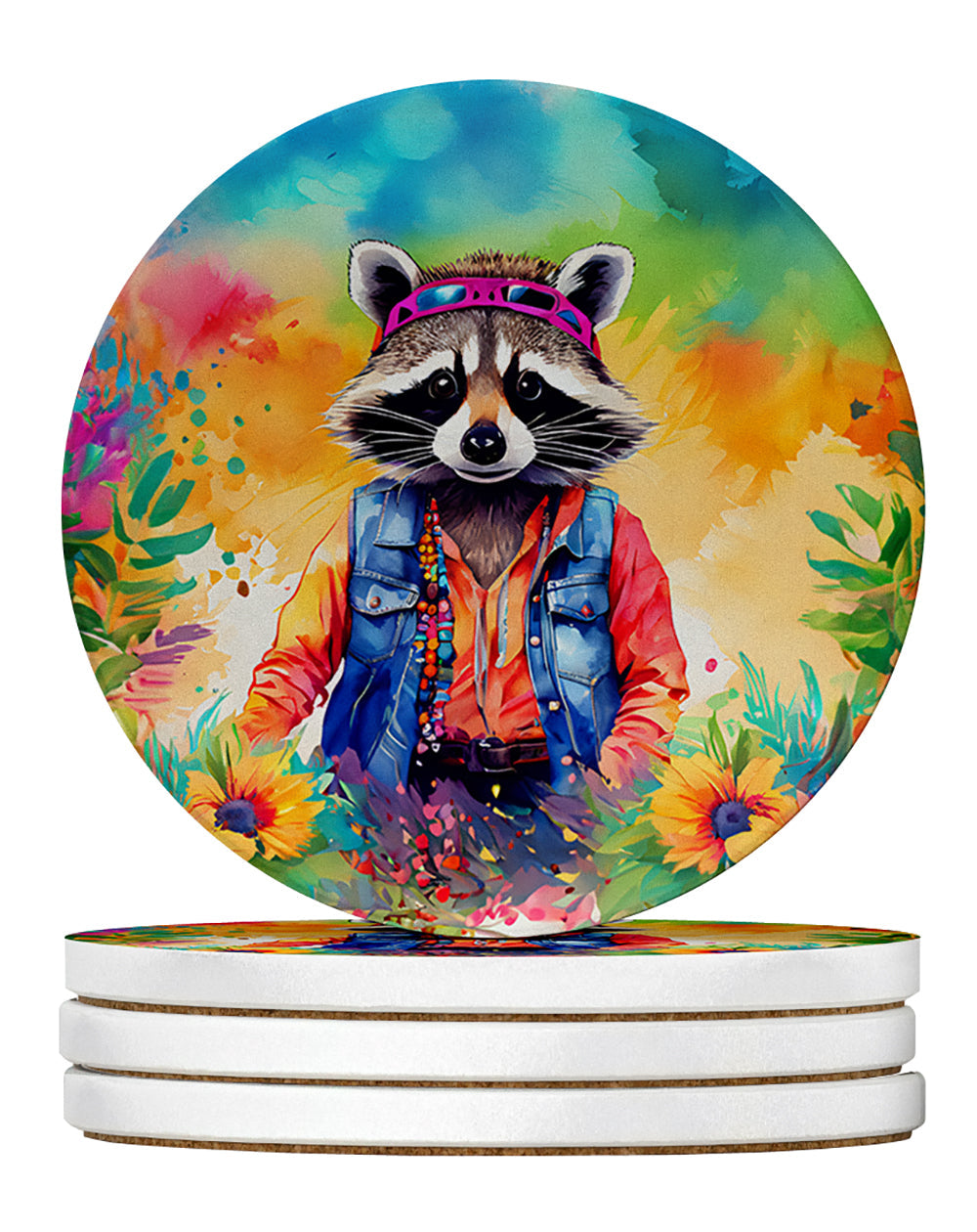 Hippie Animal Raccoon Large Sandstone Coasters Pack of 4 Absorbent Round Coasters Decor Gifts for Men or Women, 4 in, Multicolor