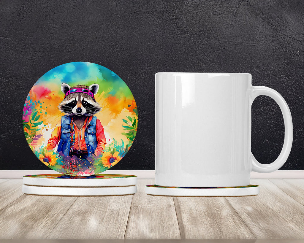 Hippie Animal Raccoon Large Sandstone Coasters Pack of 4 Absorbent Round Coasters Decor Gifts for Men or Women, 4 in, Multicolor