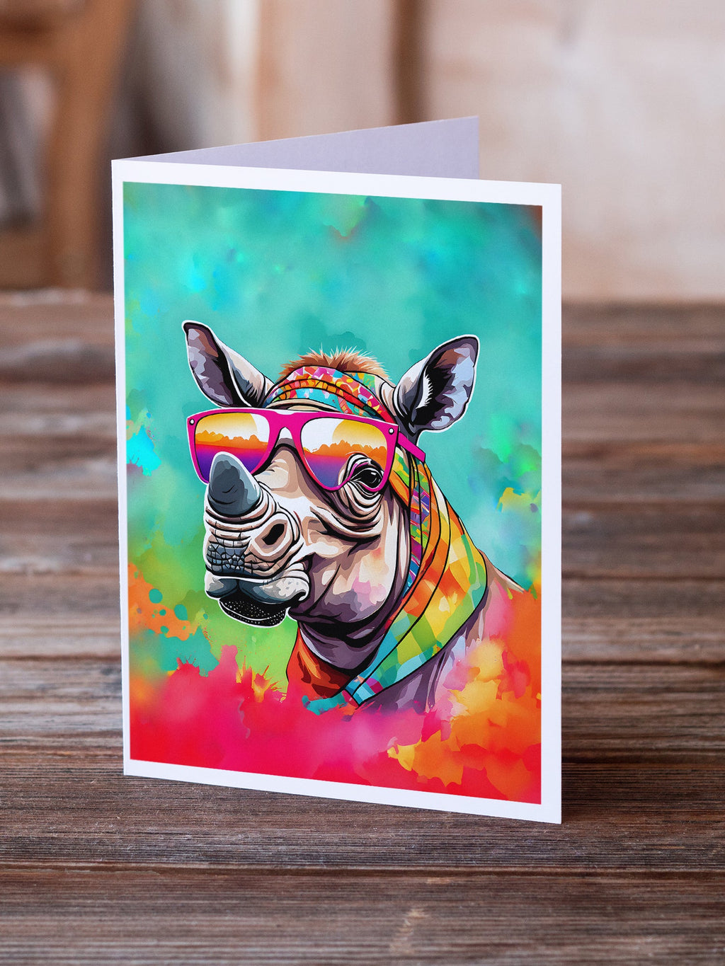 Hippie Animal Rhinoceros Greeting Cards Pack of 8 Blank Cards with Envelopes Whimsical A7 Size 5x7