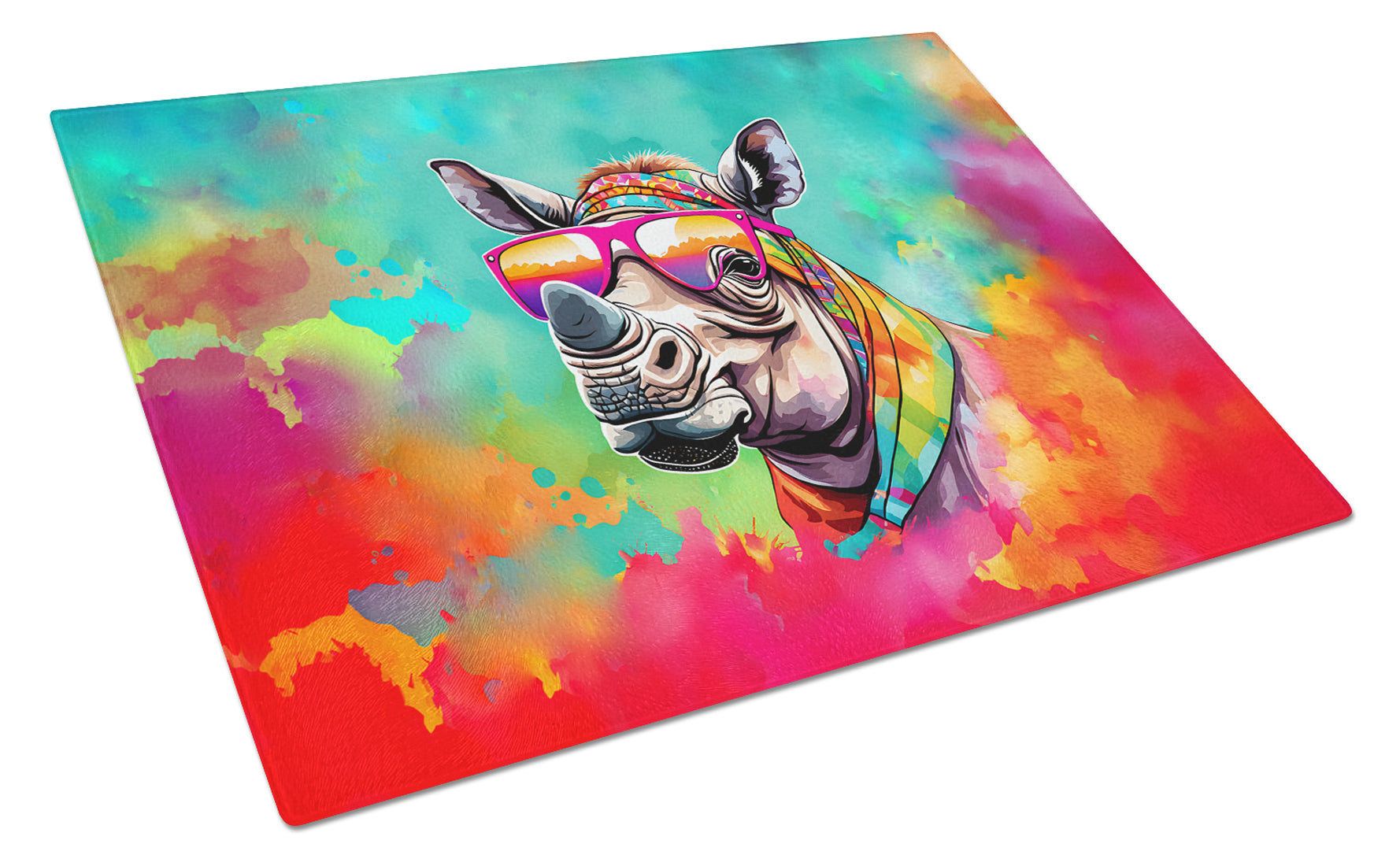 Hippie Animal Rhinoceros Cutting Board Tempered Glass Kitchen Cutting Surface, Heat Resistant Chopping, Non-Slip Feet, Food Prep & Serving