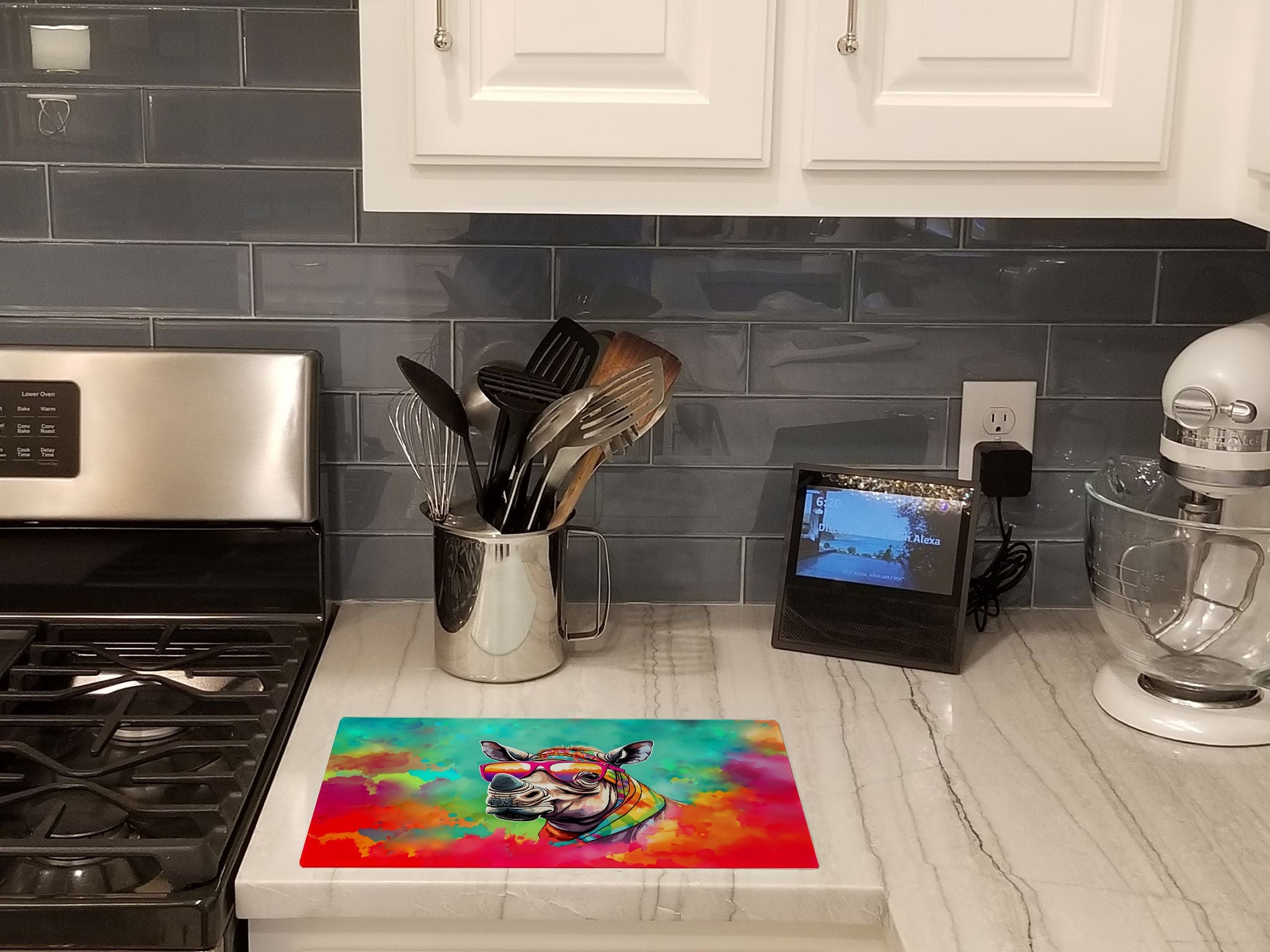 Hippie Animal Rhinoceros Cutting Board Tempered Glass Kitchen Cutting Surface, Heat Resistant Chopping, Non-Slip Feet, Food Prep & Serving