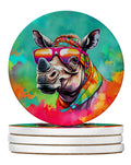 Hippie Animal Rhinoceros Large Sandstone Coasters Pack of 4 Absorbent Round Coasters Decor Gifts for Men or Women, 4 in, Multicolor