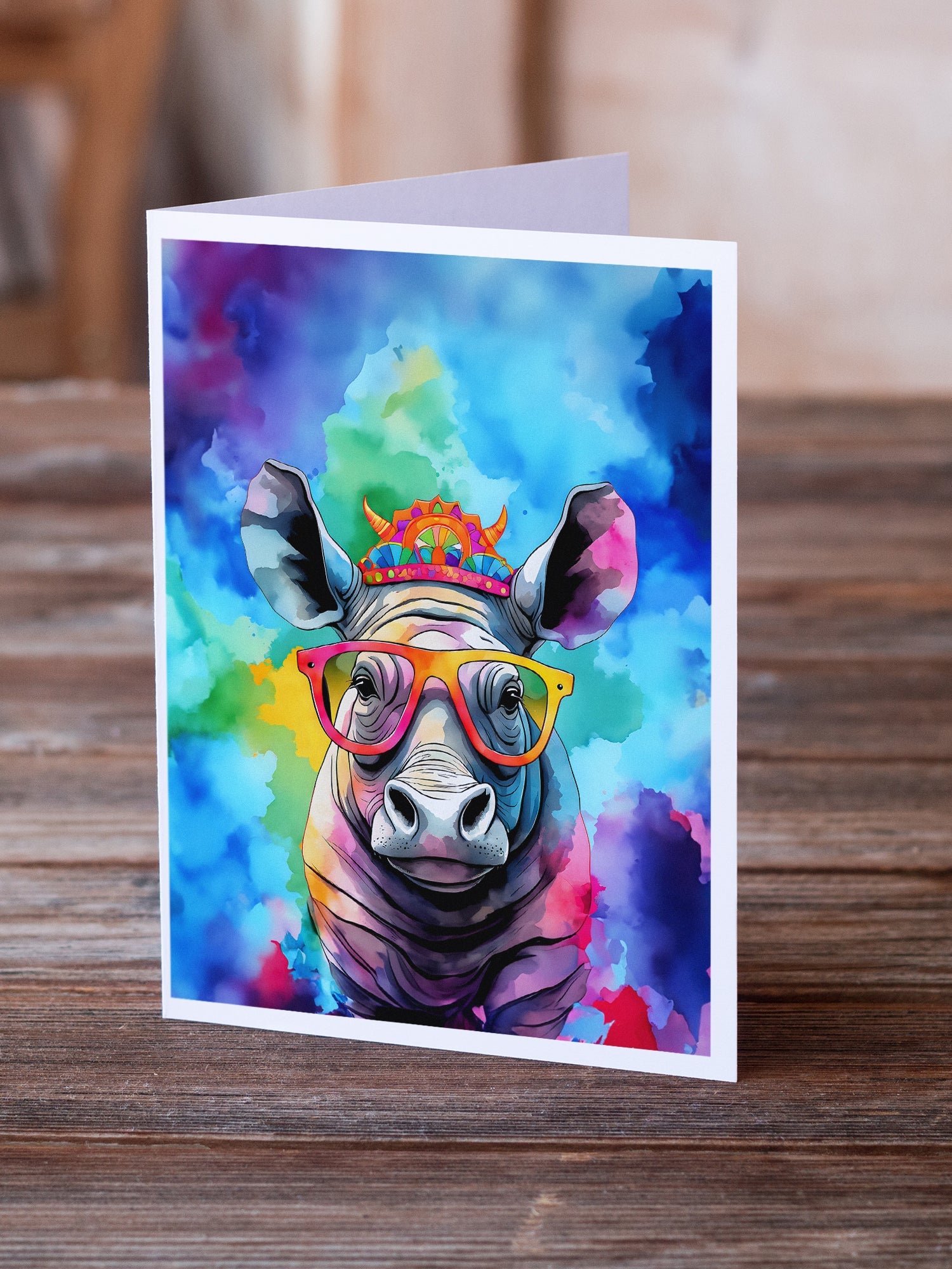 Hippie Animal Rhinoceros Greeting Cards Pack of 8 Blank Cards with Envelopes Whimsical A7 Size 5x7