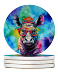 Hippie Animal Rhinoceros Large Sandstone Coasters Pack of 4 Absorbent Round Coasters Decor Gifts for Men or Women, 4 in, Multicolor