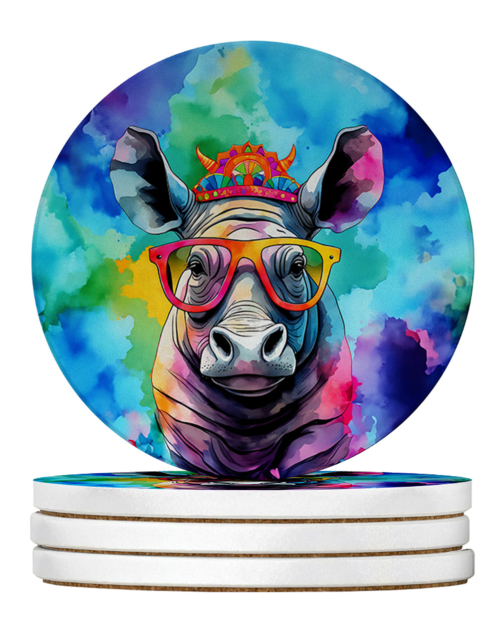 Hippie Animal Rhinoceros Large Sandstone Coasters Pack of 4 Absorbent Round Coasters Decor Gifts for Men or Women, 4 in, Multicolor