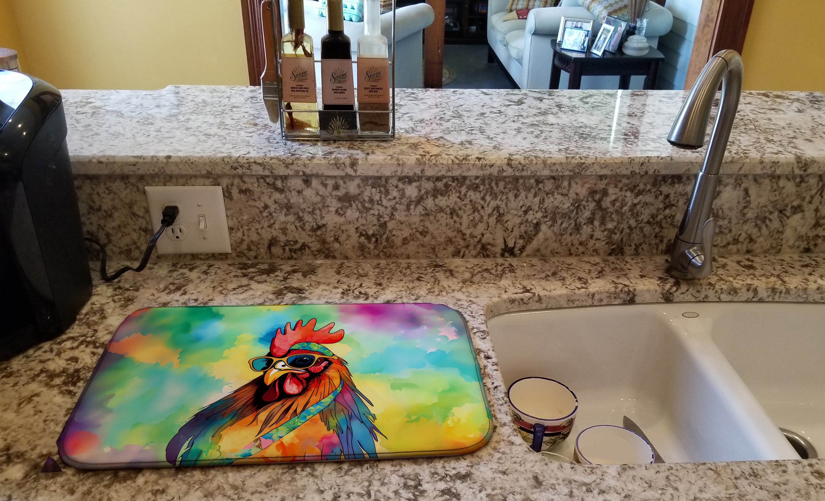 Hippie Animal Rooster Dish Drying Mat Absorbent Dish Drying Mat Pad for Kitchen Counter Dish Drainer Mat for Countertop, 14 x 21", Multicolor