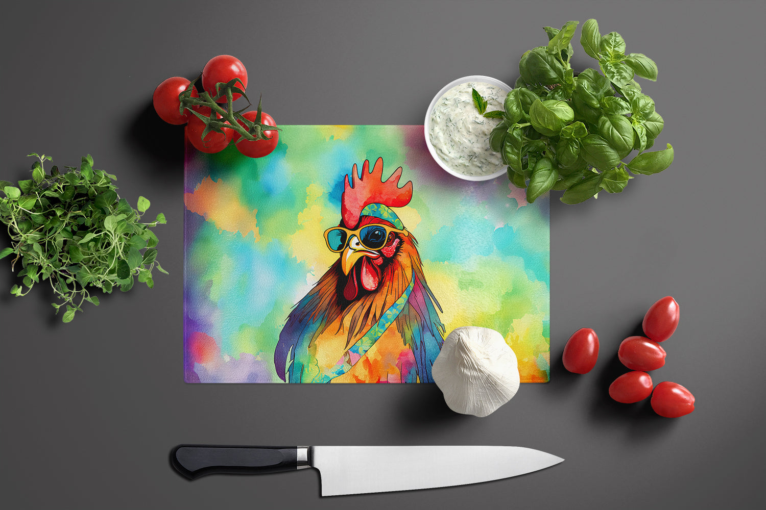 Hippie Animal Rooster Cutting Board Tempered Glass Kitchen Cutting Surface, Heat Resistant Chopping, Non-Slip Feet, Food Prep & Serving