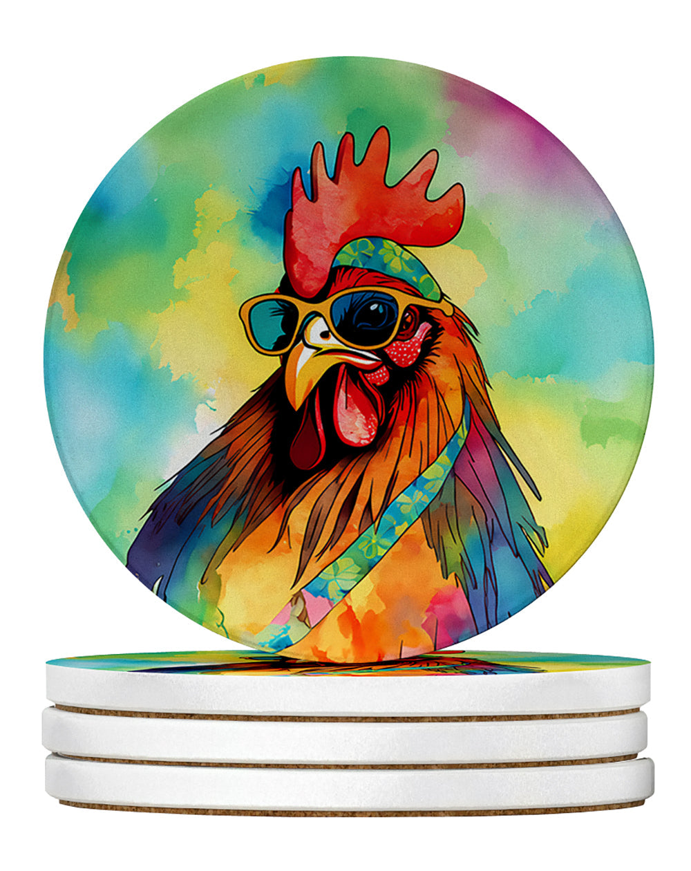Hippie Animal Rooster Large Sandstone Coasters Pack of 4 Absorbent Round Coasters Decor Gifts for Men or Women, 4 in, Multicolor