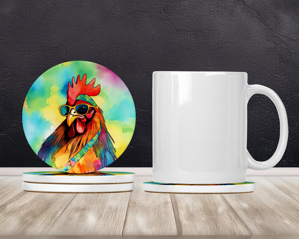 Hippie Animal Rooster Large Sandstone Coasters Pack of 4 Absorbent Round Coasters Decor Gifts for Men or Women, 4 in, Multicolor